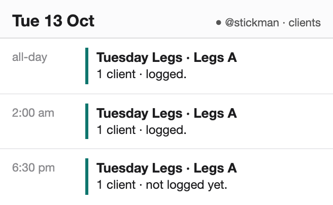 The coach’s Clients calendar on Free, one Tuesday: three Tuesday Legs sessions, all day, 2:00 am and 6:30 pm, no names — 1 client · logged, 1 client · logged, 1 client · not logged yet.