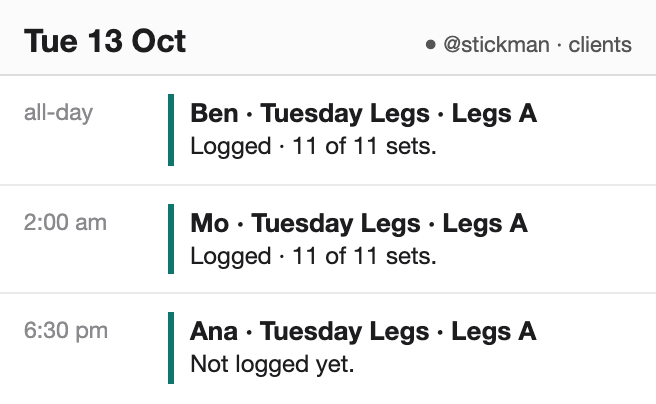 The coach’s Clients calendar on Pro, one Tuesday: Ben, all day, logged 11 of 11 sets; Mo at 2:00 am, logged 11 of 11 sets; Ana at 6:30 pm, not logged yet.