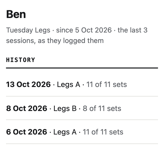 Ben’s History page on Pro: 6 Oct Legs A 11 of 11 sets, 1 Oct Legs B 8 of 11 sets, 29 Sept Legs A 11 of 11 sets.