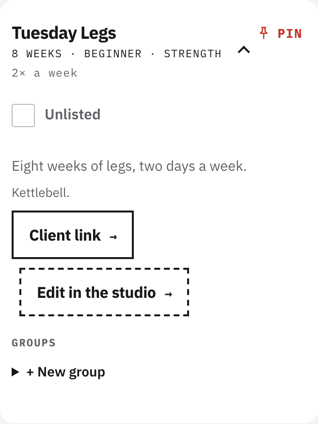 The plan’s card on Free: Tuesday Legs, with the Unlisted box at the top, greyed out.