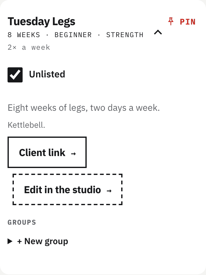 The plan’s card on Pro: Tuesday Legs, with the Unlisted box at the top, ticked.